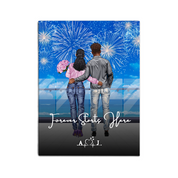 Still Celebrating Us personalized couple canvas of two people standing together on a balcony watching fireworks over the ocean, with a custom quote and heartbeat initials monogram below — LOVECOUPLET