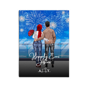 Still Celebrating Us personalized muslim couple canvas of two people standing together on a balcony watching fireworks over the ocean, with a custom quote and heartbeat initials monogram below — LOVECOUPLET