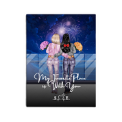 Still Celebrating Us personalized lesbian couple canvas of two people standing together on a balcony watching fireworks over the ocean, with a custom quote and heartbeat initials monogram below — LOVECOUPLET