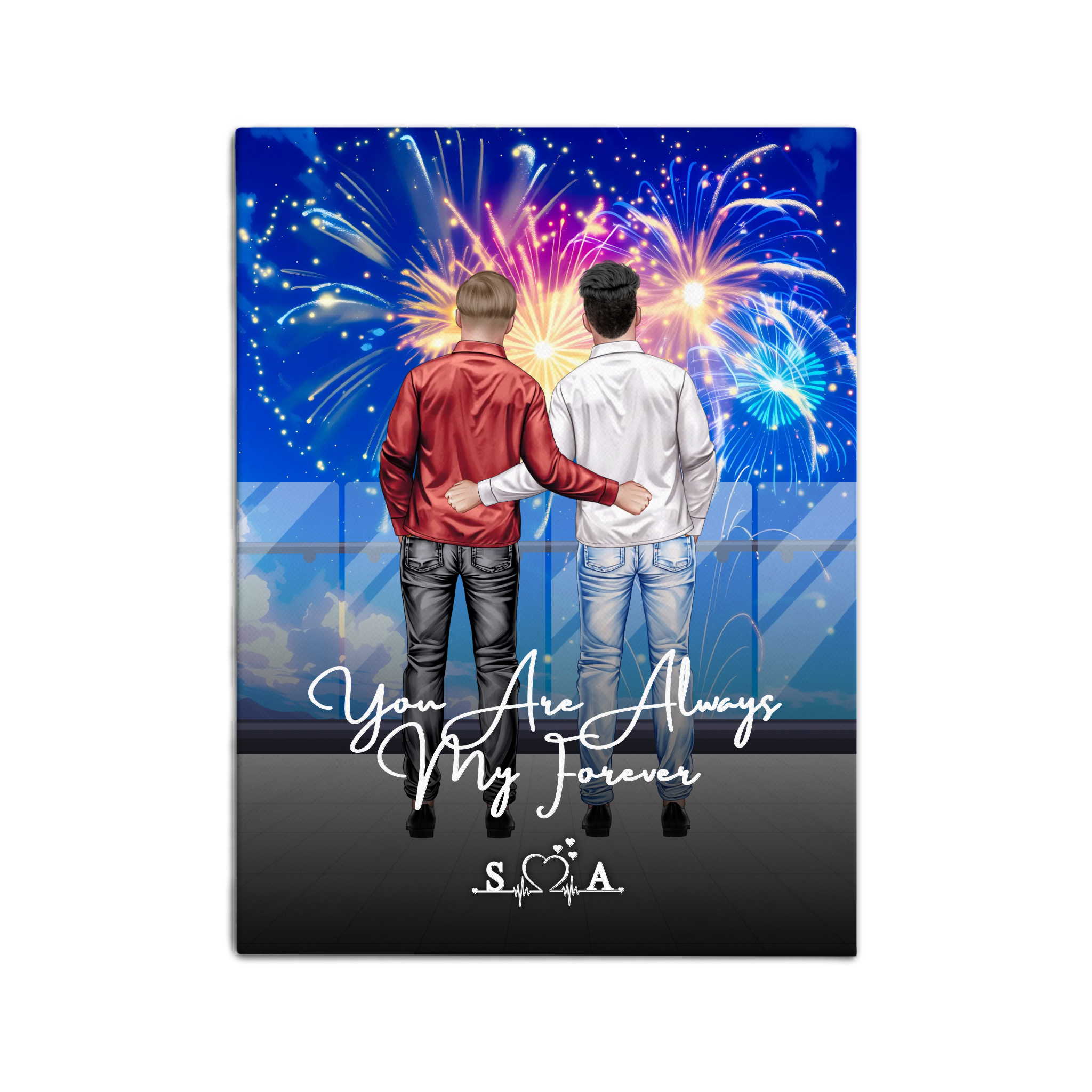Still Celebrating Us personalized gay couple canvas of two people standing together on a balcony watching fireworks over the ocean, with a custom quote and heartbeat initials monogram below — LOVECOUPLET