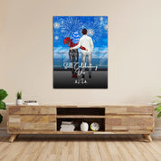 Still Celebrating Us personalized couple canvas of two people standing together on a balcony watching fireworks over the ocean, with a custom quote and heartbeat initials monogram below — LOVECOUPLET