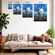 Still Celebrating Us personalized couple canvas of two people standing together on a balcony watching fireworks over the ocean, with a custom quote and heartbeat initials monogram below — LOVECOUPLET