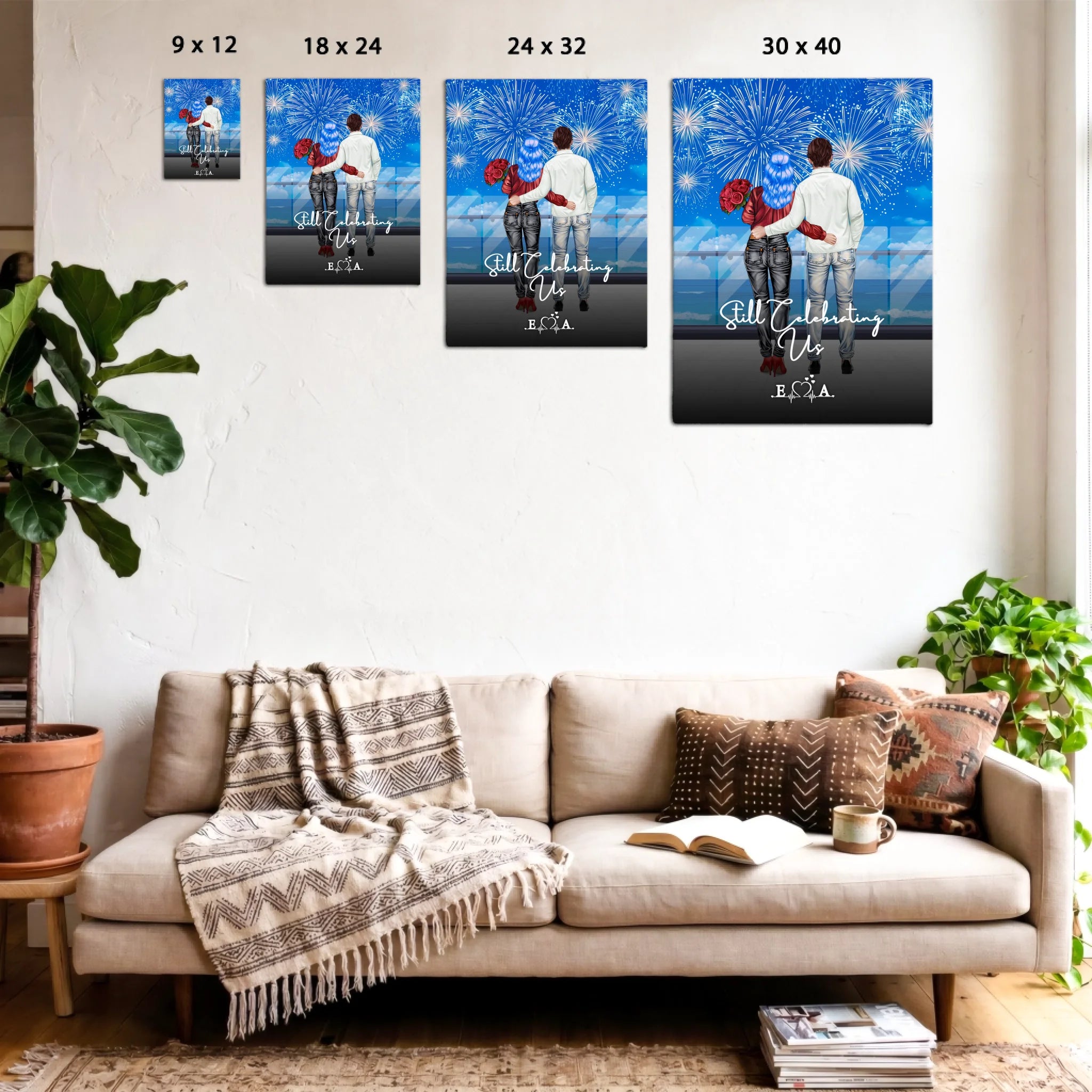 Still Celebrating Us personalized couple canvas of two people standing together on a balcony watching fireworks over the ocean, with a custom quote and heartbeat initials monogram below — LOVECOUPLET
