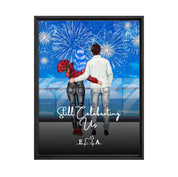 Still Celebrating Us personalized couple framed canvas of two people standing together on a balcony watching fireworks over the ocean, with a custom quote and heartbeat initials monogram below — LOVECOUPLET