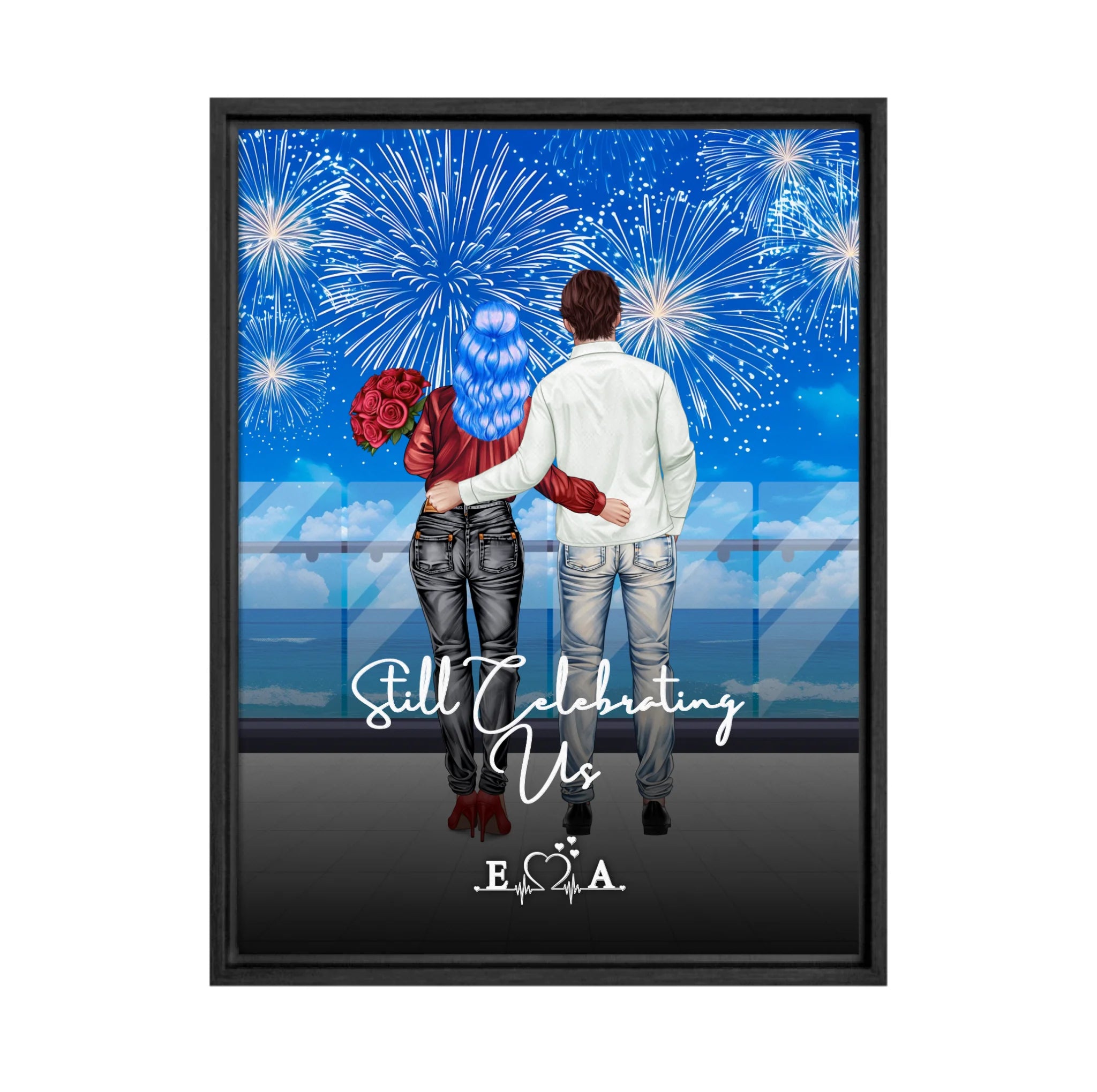Still Celebrating Us personalized couple framed canvas of two people standing together on a balcony watching fireworks over the ocean, with a custom quote and heartbeat initials monogram below — LOVECOUPLET