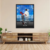 Still Celebrating Us personalized couple framed canvas of two people standing together on a balcony watching fireworks over the ocean, with a custom quote and heartbeat initials monogram below — LOVECOUPLET