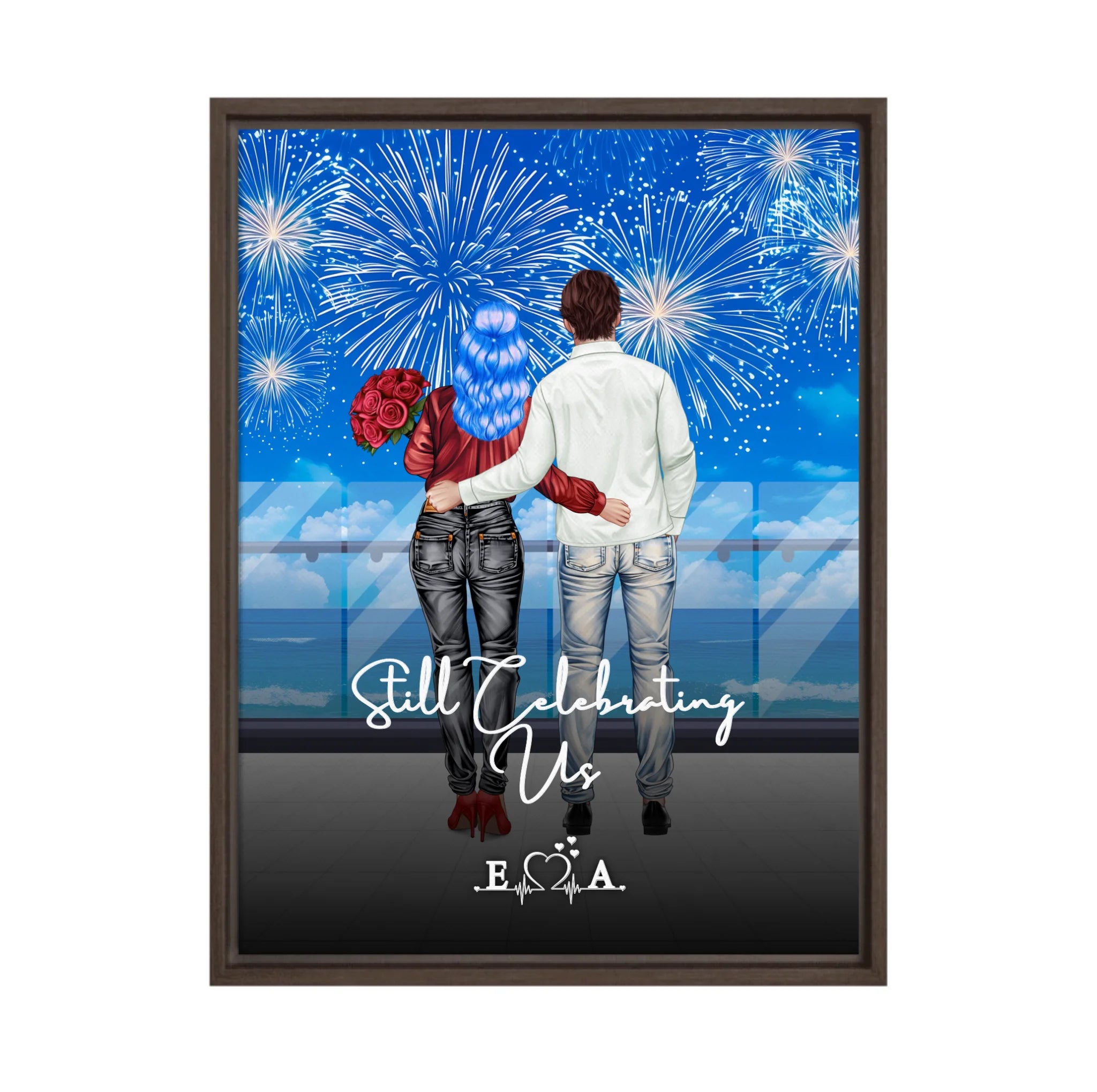 Still Celebrating Us personalized couple framed canvas of two people standing together on a balcony watching fireworks over the ocean, with a custom quote and heartbeat initials monogram below — LOVECOUPLET