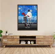 Where Our Story Began personalized couple framed canvas of two people standing together at sunset with a custom title above them, names and date on a wooden signpost, and personalized characters — LOVECOUPLET