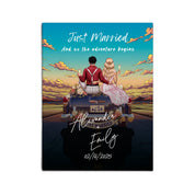 The Adventure Begins personalized wedding couple canvas of two people sitting on the back of a flower-decorated vintage car at sunset, with custom names, wedding date, initials on the license plate, and personalized characters — LOVECOUPLET