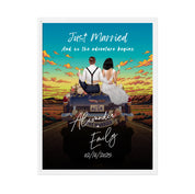 The Adventure Begins personalized wedding couple framed canvas of two people sitting on the back of a flower-decorated vintage car at sunset, with custom names, wedding date, initials on the license plate, and personalized characters — LOVECOUPLET