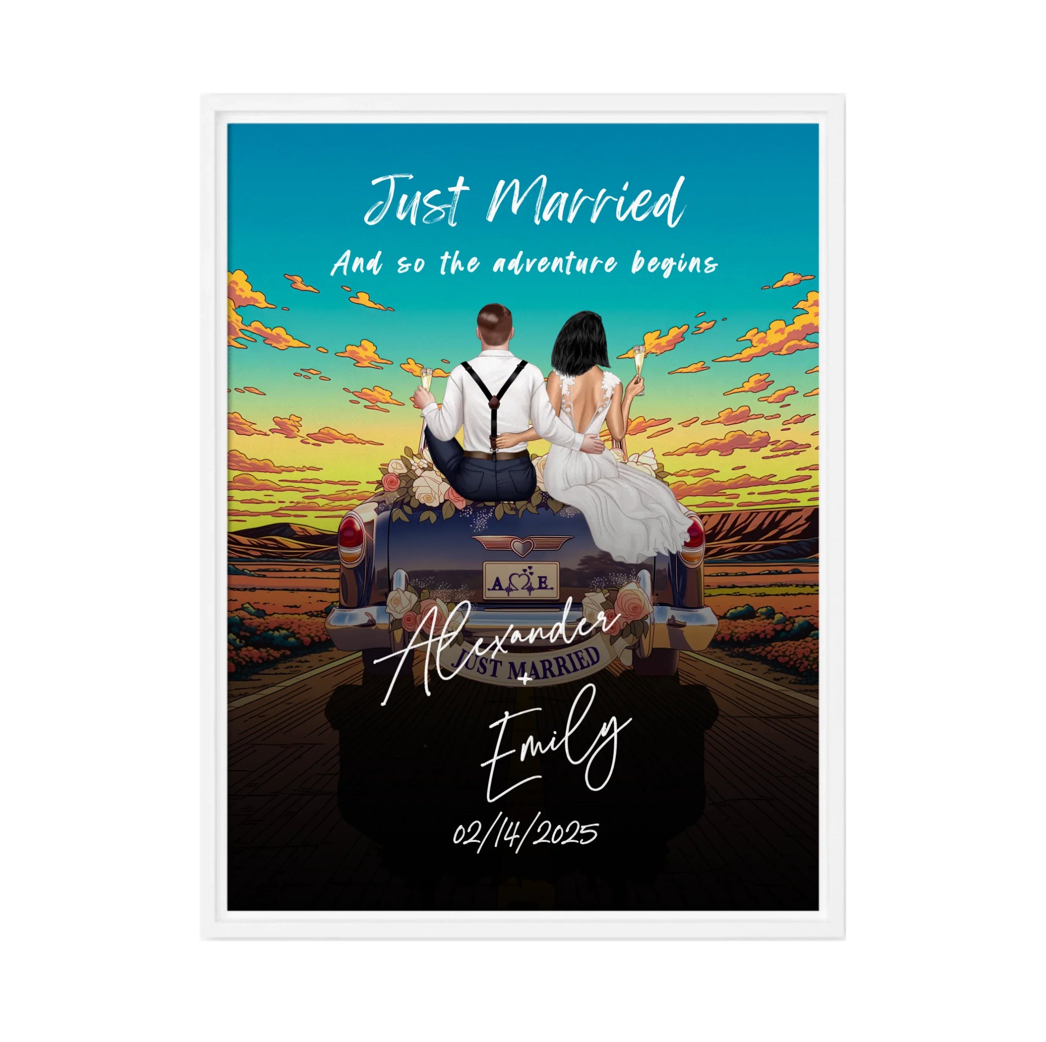 The Adventure Begins personalized wedding couple framed canvas of two people sitting on the back of a flower-decorated vintage car at sunset, with custom names, wedding date, initials on the license plate, and personalized characters — LOVECOUPLET