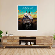 The Adventure Begins personalized wedding couple framed canvas of two people sitting on the back of a flower-decorated vintage car at sunset, with custom names, wedding date, initials on the license plate, and personalized characters — LOVECOUPLET