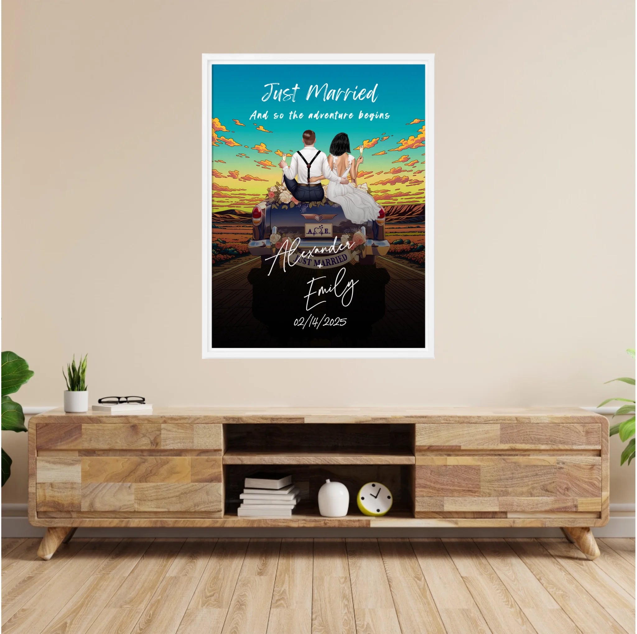 The Adventure Begins personalized wedding couple framed canvas of two people sitting on the back of a flower-decorated vintage car at sunset, with custom names, wedding date, initials on the license plate, and personalized characters — LOVECOUPLET