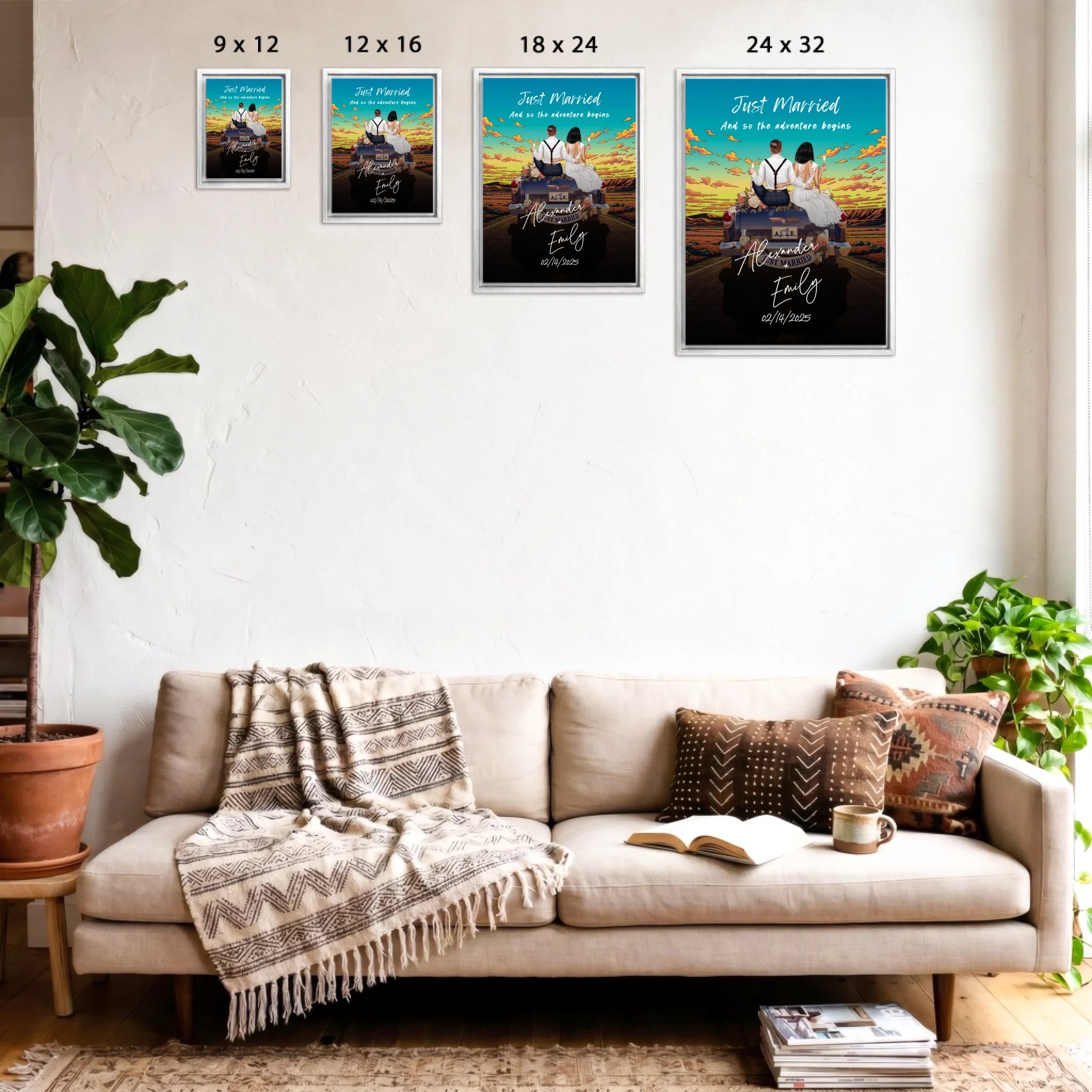 The Adventure Begins personalized wedding couple framed canvas of two people sitting on the back of a flower-decorated vintage car at sunset, with custom names, wedding date, initials on the license plate, and personalized characters — LOVECOUPLET