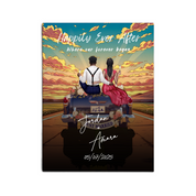 The Adventure Begins personalized wedding couple canvas of two people sitting on the back of a flower-decorated vintage car at sunset, with custom names, wedding date, initials on the license plate, and personalized characters — LOVECOUPLET