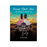 The Adventure Begins personalized lesbian wedding couple canvas of two people sitting on the back of a flower-decorated vintage car at sunset, with custom names, wedding date, initials on the license plate, and personalized characters — LOVECOUPLET