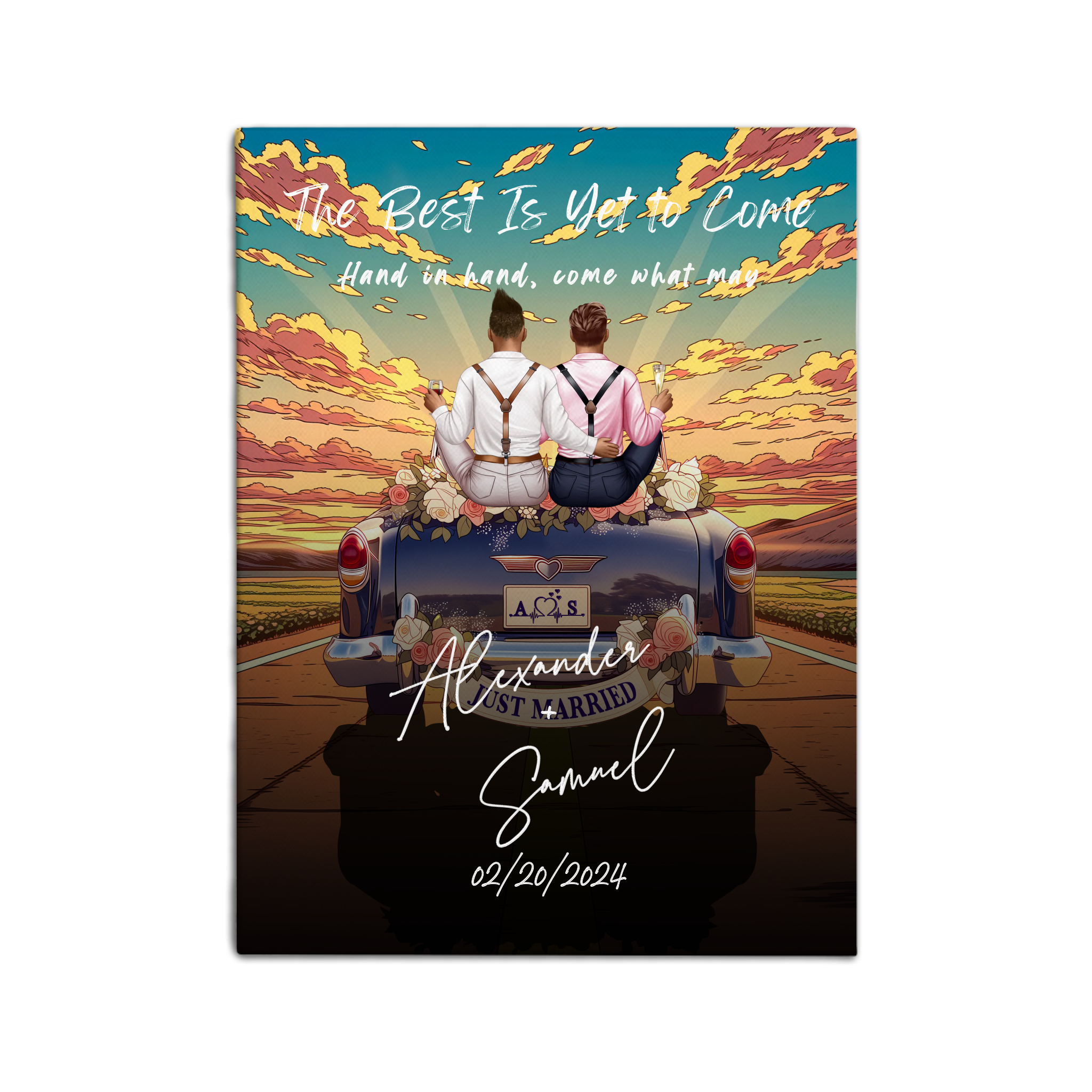 The Adventure Begins personalized gay wedding couple canvas of two people sitting on the back of a flower-decorated vintage car at sunset, with custom names, wedding date, initials on the license plate, and personalized characters — LOVECOUPLET