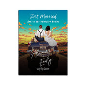 The Adventure Begins personalized wedding couple canvas of two people sitting on the back of a flower-decorated vintage car at sunset, with custom names, wedding date, initials on the license plate, and personalized characters — LOVECOUPLET