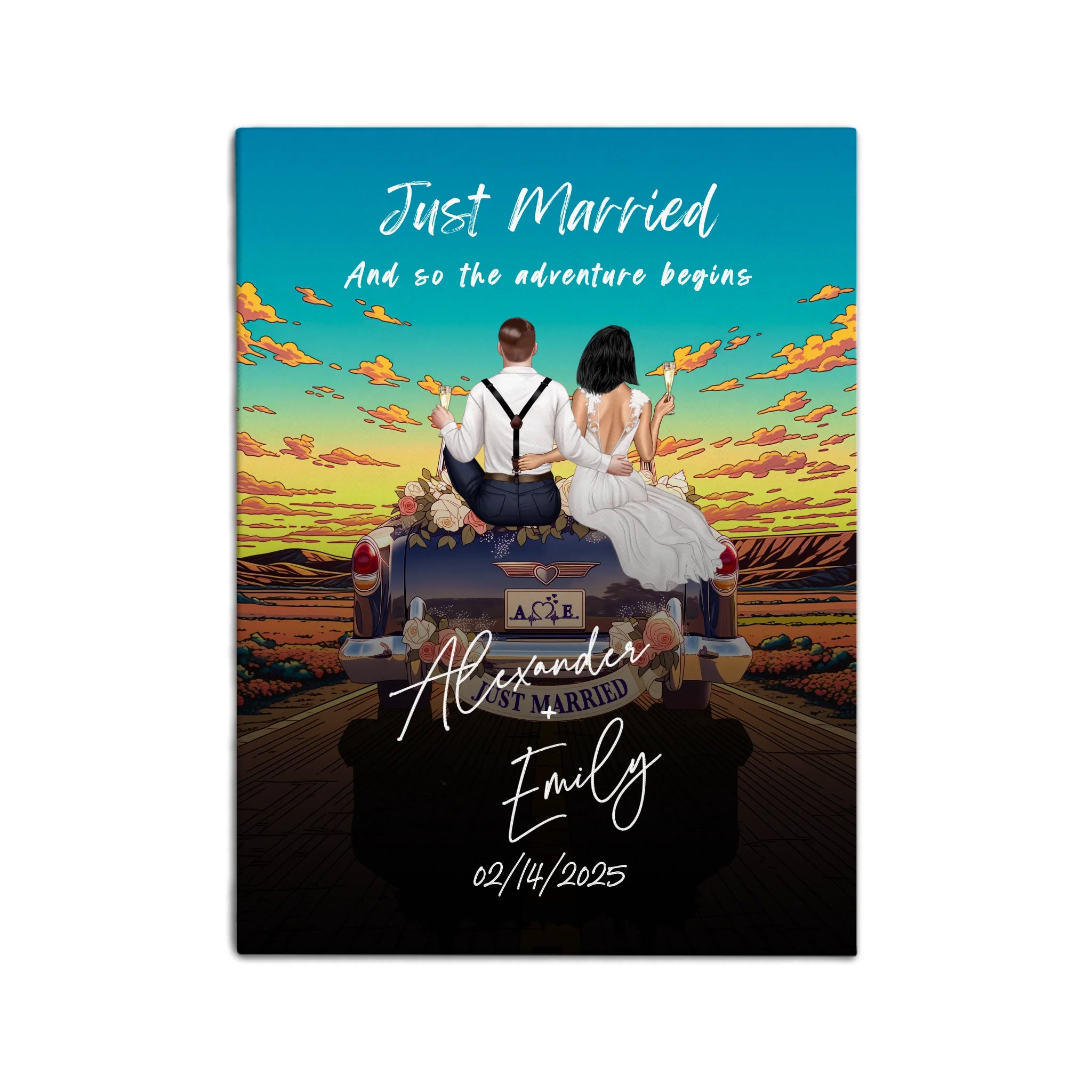 The Adventure Begins personalized wedding couple canvas of two people sitting on the back of a flower-decorated vintage car at sunset, with custom names, wedding date, initials on the license plate, and personalized characters — LOVECOUPLET