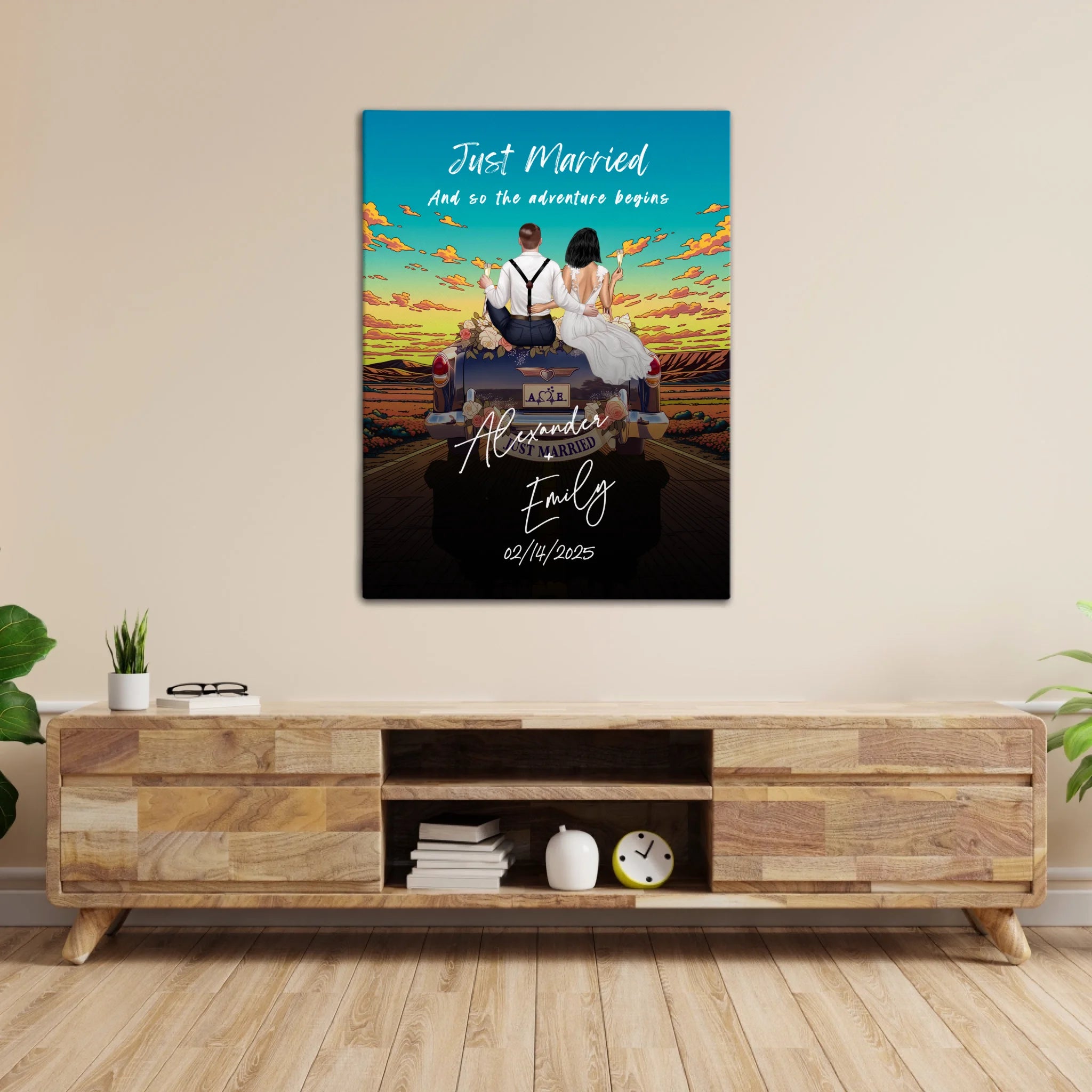 The Adventure Begins personalized wedding couple canvas of two people sitting on the back of a flower-decorated vintage car at sunset, with custom names, wedding date, initials on the license plate, and personalized characters — LOVECOUPLET