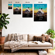 The Adventure Begins personalized wedding couple canvas of two people sitting on the back of a flower-decorated vintage car at sunset, with custom names, wedding date, initials on the license plate, and personalized characters — LOVECOUPLET