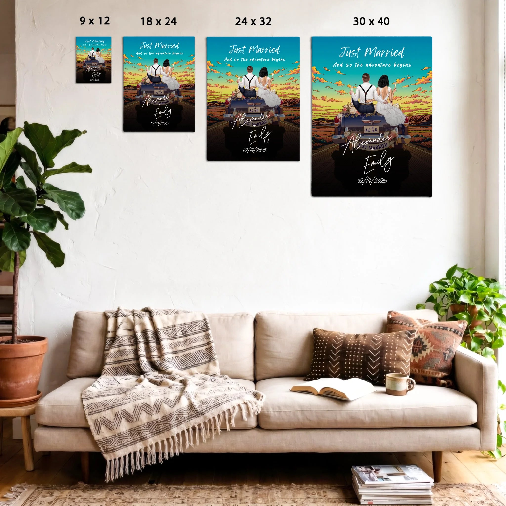 The Adventure Begins personalized wedding couple canvas of two people sitting on the back of a flower-decorated vintage car at sunset, with custom names, wedding date, initials on the license plate, and personalized characters — LOVECOUPLET