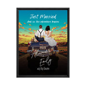 The Adventure Begins personalized wedding couple framed canvas of two people sitting on the back of a flower-decorated vintage car at sunset, with custom names, wedding date, initials on the license plate, and personalized characters — LOVECOUPLET