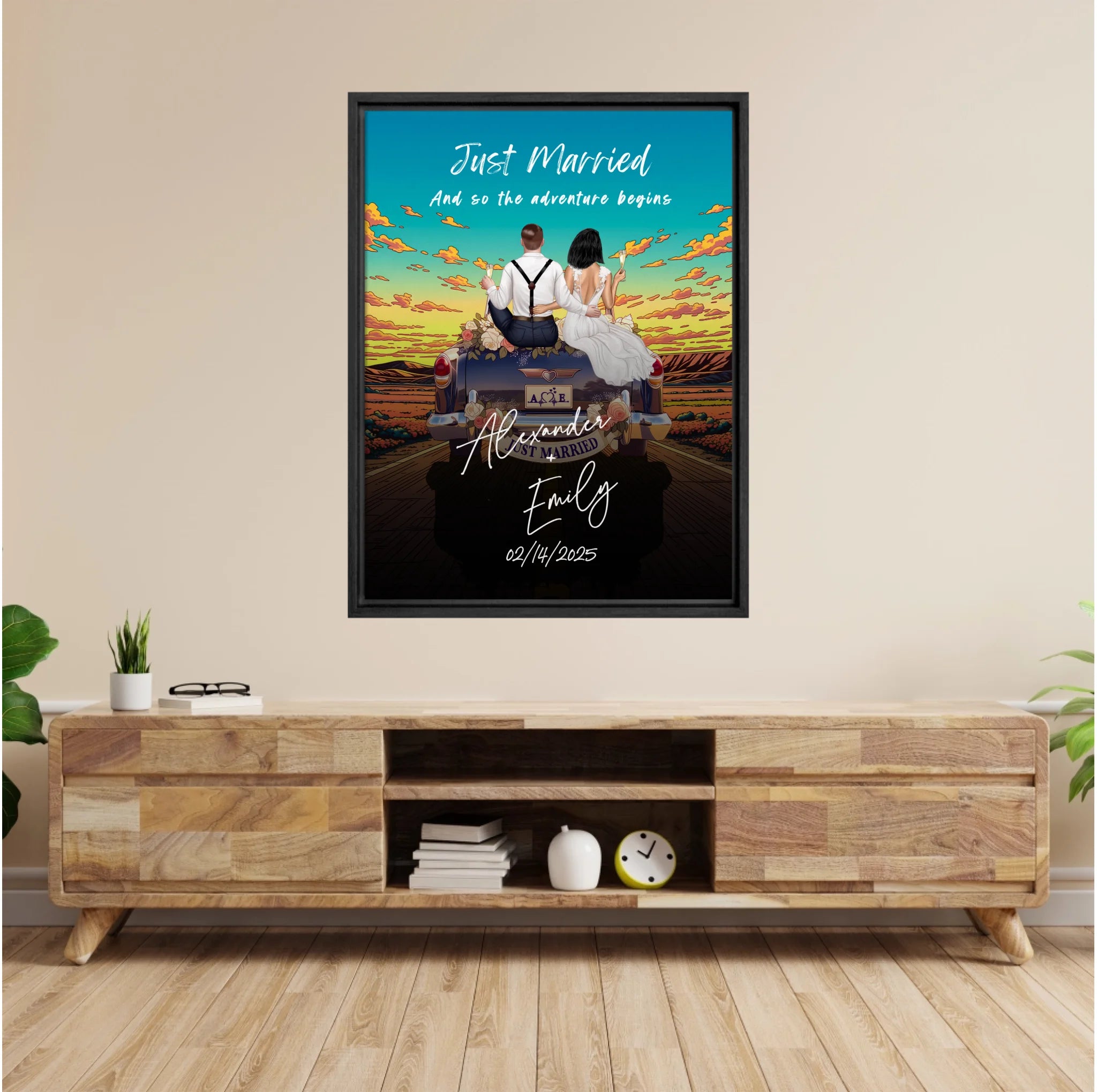 The Adventure Begins personalized wedding couple framed canvas of two people sitting on the back of a flower-decorated vintage car at sunset, with custom names, wedding date, initials on the license plate, and personalized characters — LOVECOUPLET