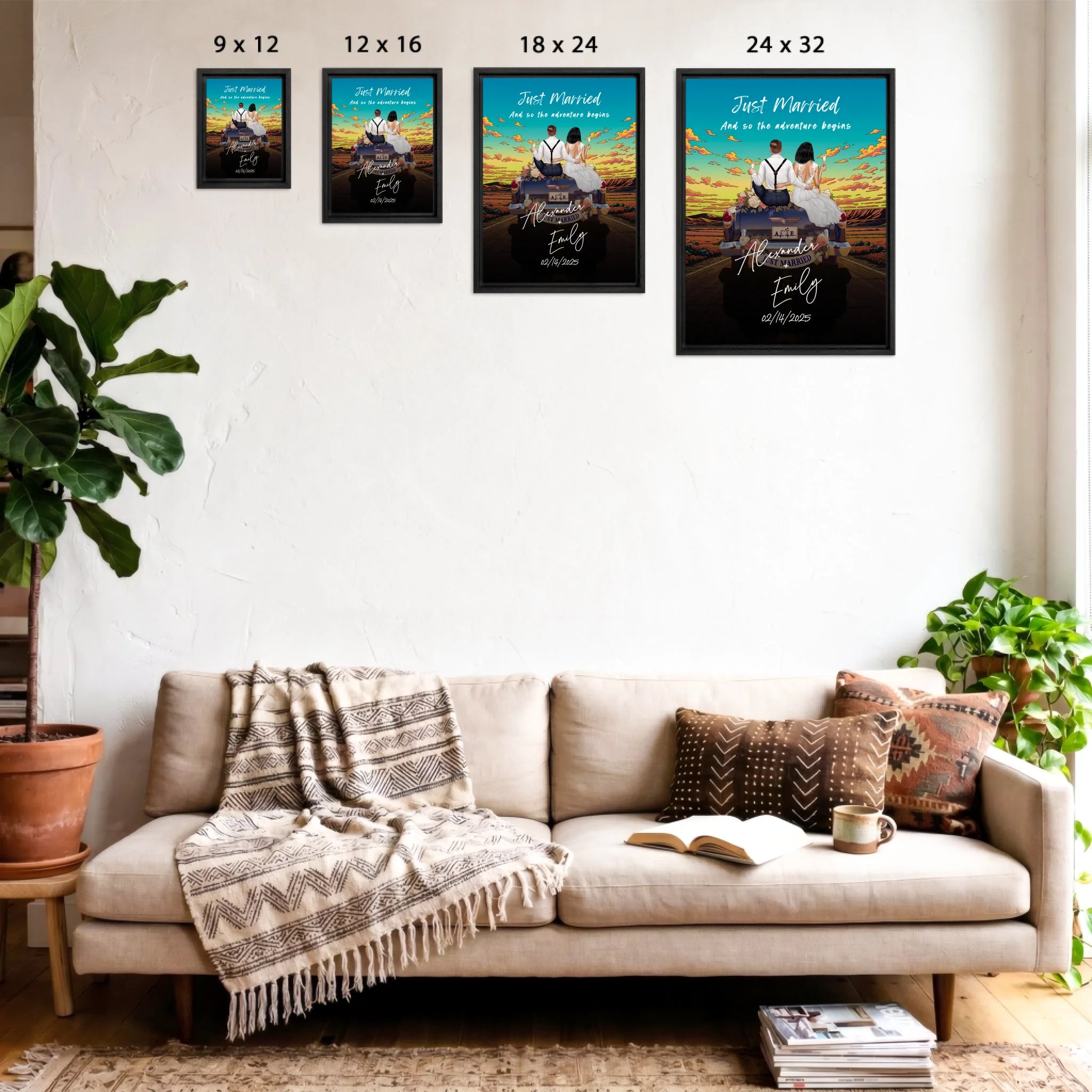 The Adventure Begins personalized wedding couple framed canvas of two people sitting on the back of a flower-decorated vintage car at sunset, with custom names, wedding date, initials on the license plate, and personalized characters — LOVECOUPLET