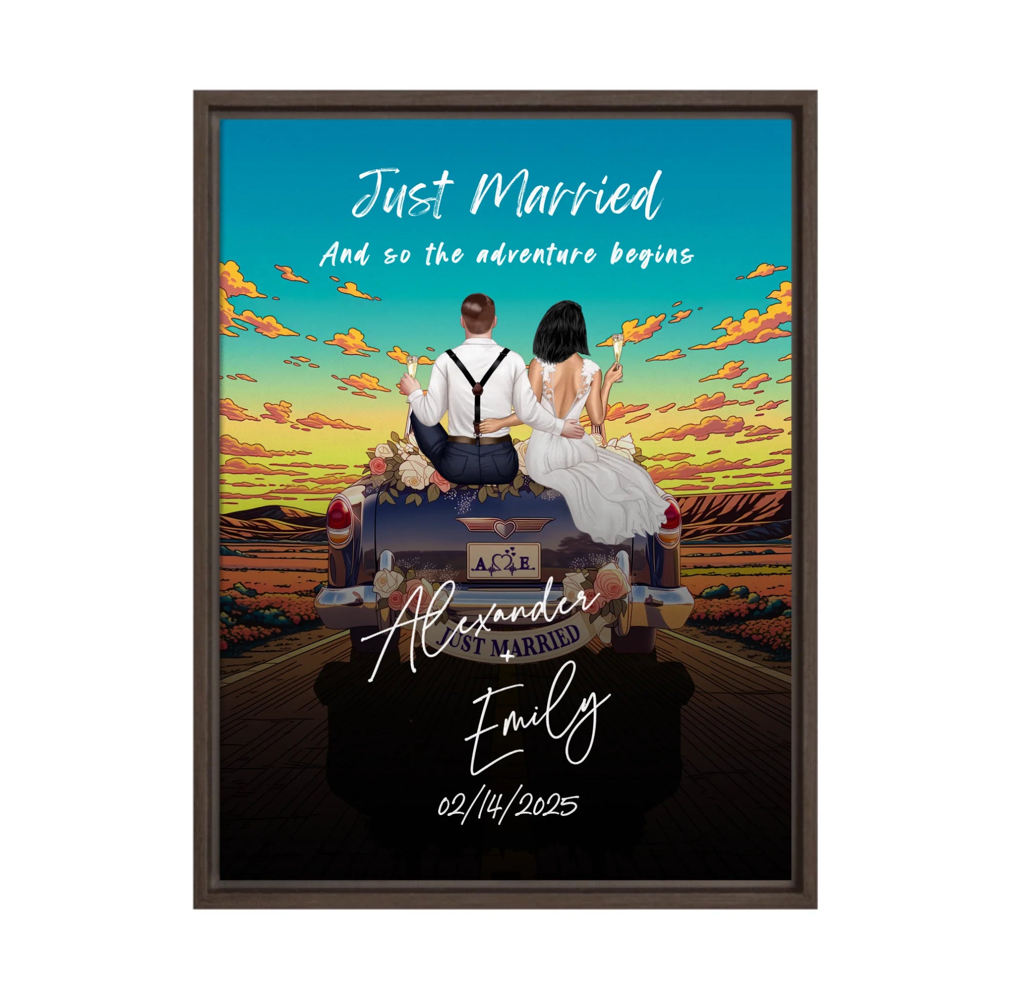 The Adventure Begins personalized wedding couple framed canvas of two people sitting on the back of a flower-decorated vintage car at sunset, with custom names, wedding date, initials on the license plate, and personalized characters — LOVECOUPLET