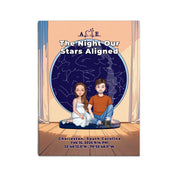 Personalized couple portrait canvas of two front-facing people sitting together indoors beneath a custom star map, with customizable facial features, adult and senior couple options, and optional location name, date, and GPS coordinates — LOVECOUPLET