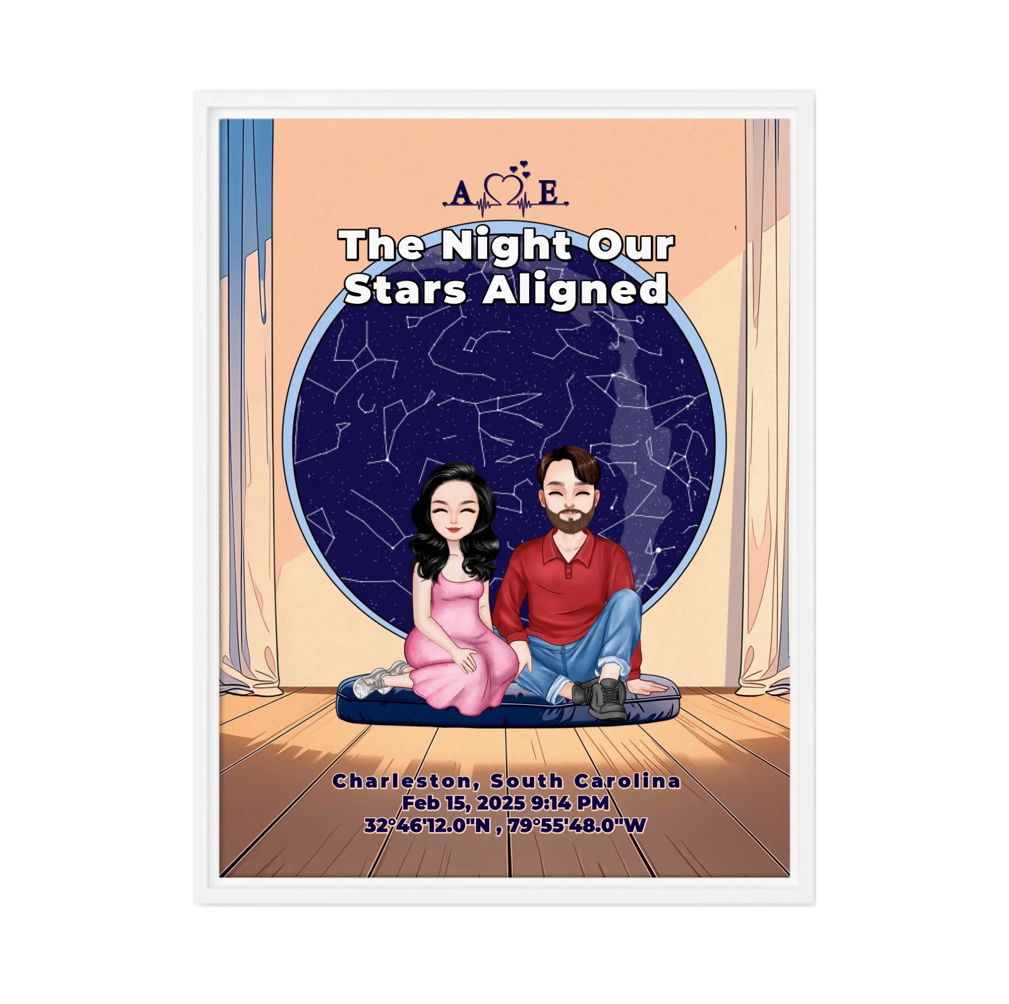 Personalized couple portrait canvas of two front-facing people sitting together indoors beneath a custom star map, with customizable facial features, adult and senior couple options, and optional location name, date, and GPS coordinates — LOVECOUPLET