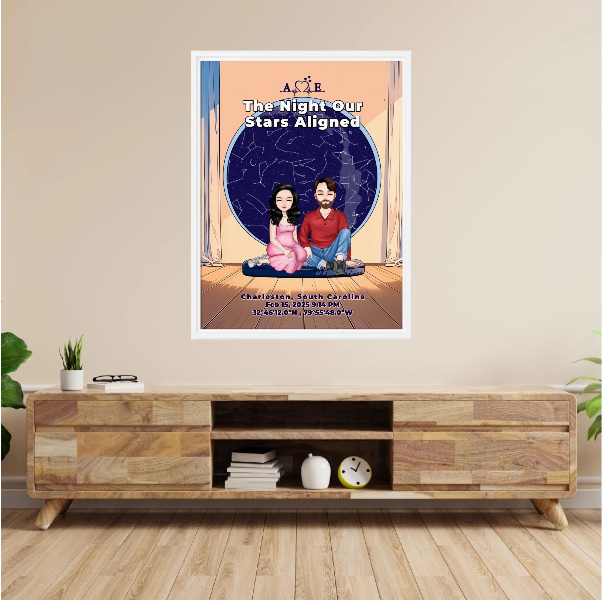 Personalized couple portrait canvas of two front-facing people sitting together indoors beneath a custom star map, with customizable facial features, adult and senior couple options, and optional location name, date, and GPS coordinates — LOVECOUPLET