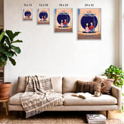Personalized couple portrait canvas of two front-facing people sitting together indoors beneath a custom star map, with customizable facial features, adult and senior couple options, and optional location name, date, and GPS coordinates — LOVECOUPLET