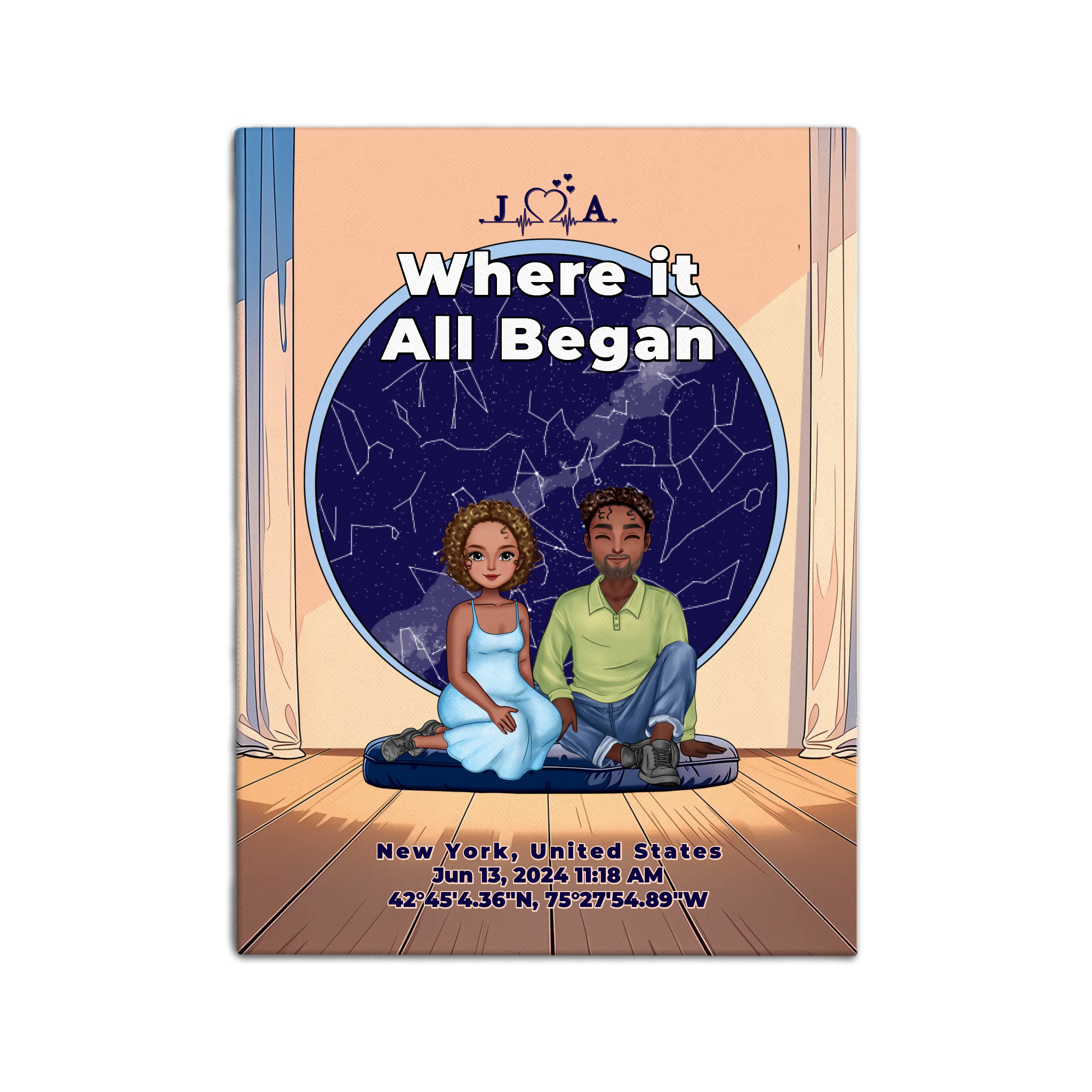Personalized couple portrait canvas of two front-facing people sitting together indoors beneath a custom star map, with customizable facial features, adult and senior couple options, and optional location name, date, and GPS coordinates — LOVECOUPLET