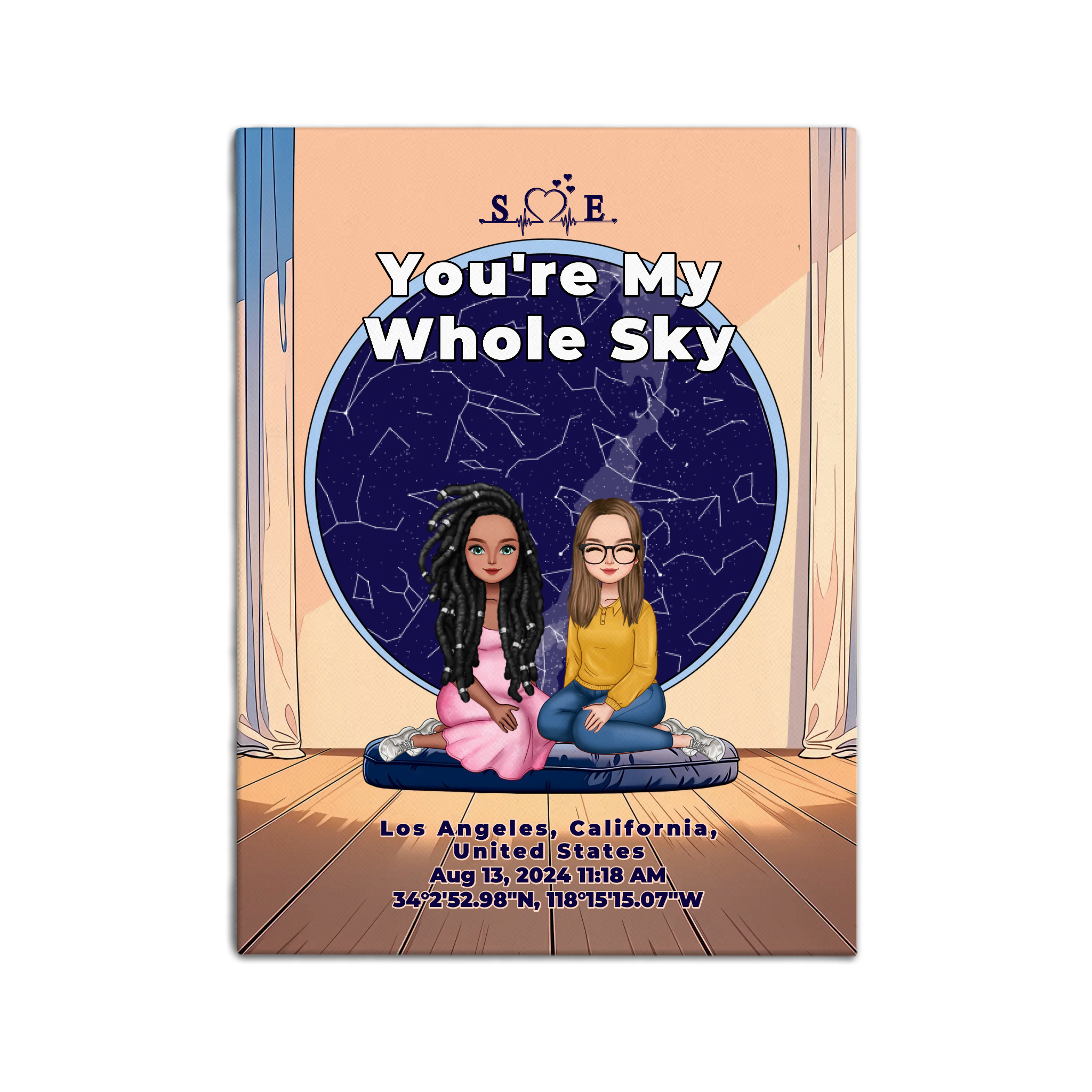 Personalized lesbian couple portrait canvas of two front-facing people sitting together indoors beneath a custom star map, with customizable facial features, adult and senior couple options, and optional location name, date, and GPS coordinates — LOVECOUPLET