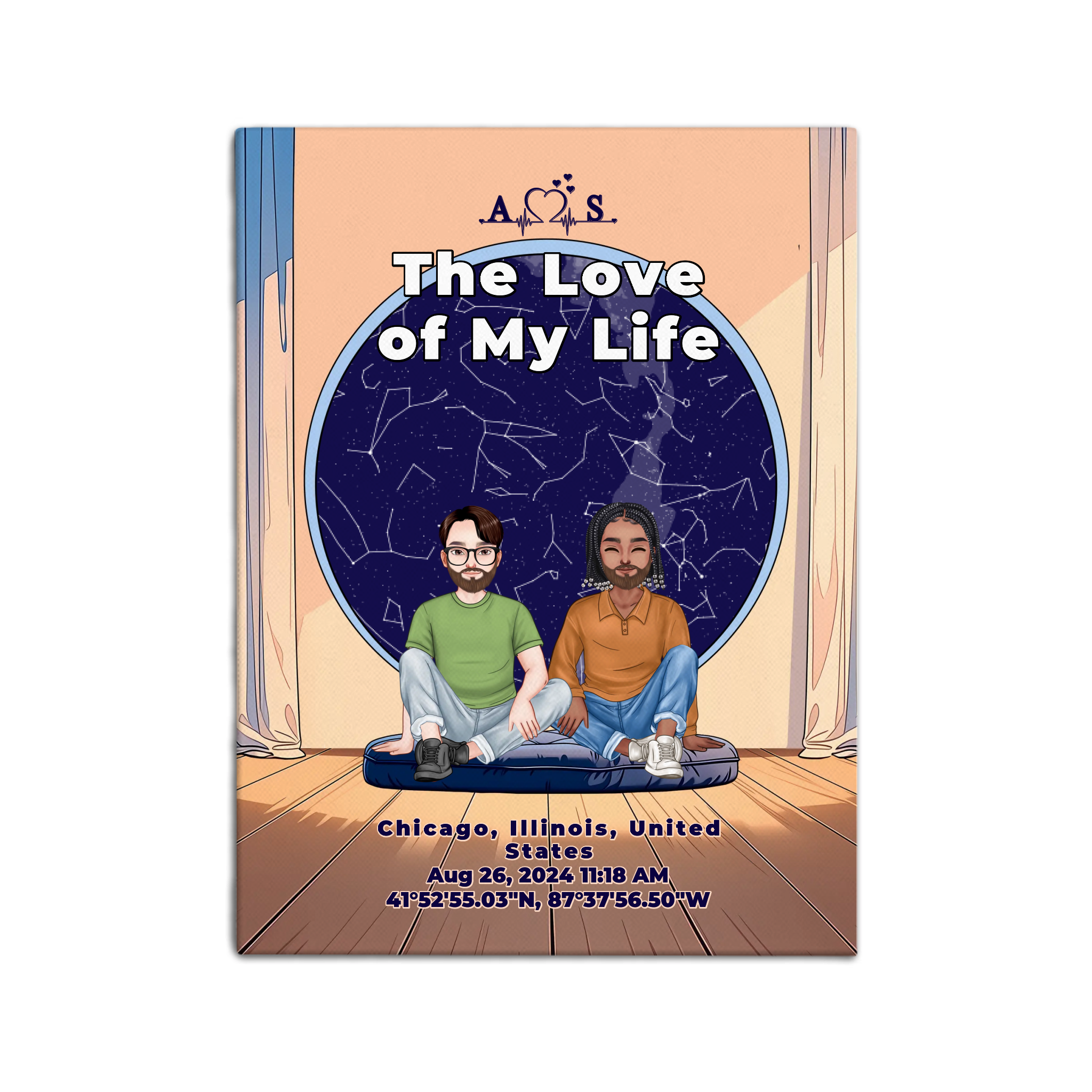Personalized gay couple portrait canvas of two front-facing people sitting together indoors beneath a custom star map, with customizable facial features, adult and senior couple options, and optional location name, date, and GPS coordinates — LOVECOUPLET