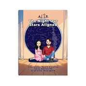 Personalized couple portrait canvas of two front-facing people sitting together indoors beneath a custom star map, with customizable facial features, adult and senior couple options, and optional location name, date, and GPS coordinates — LOVECOUPLET