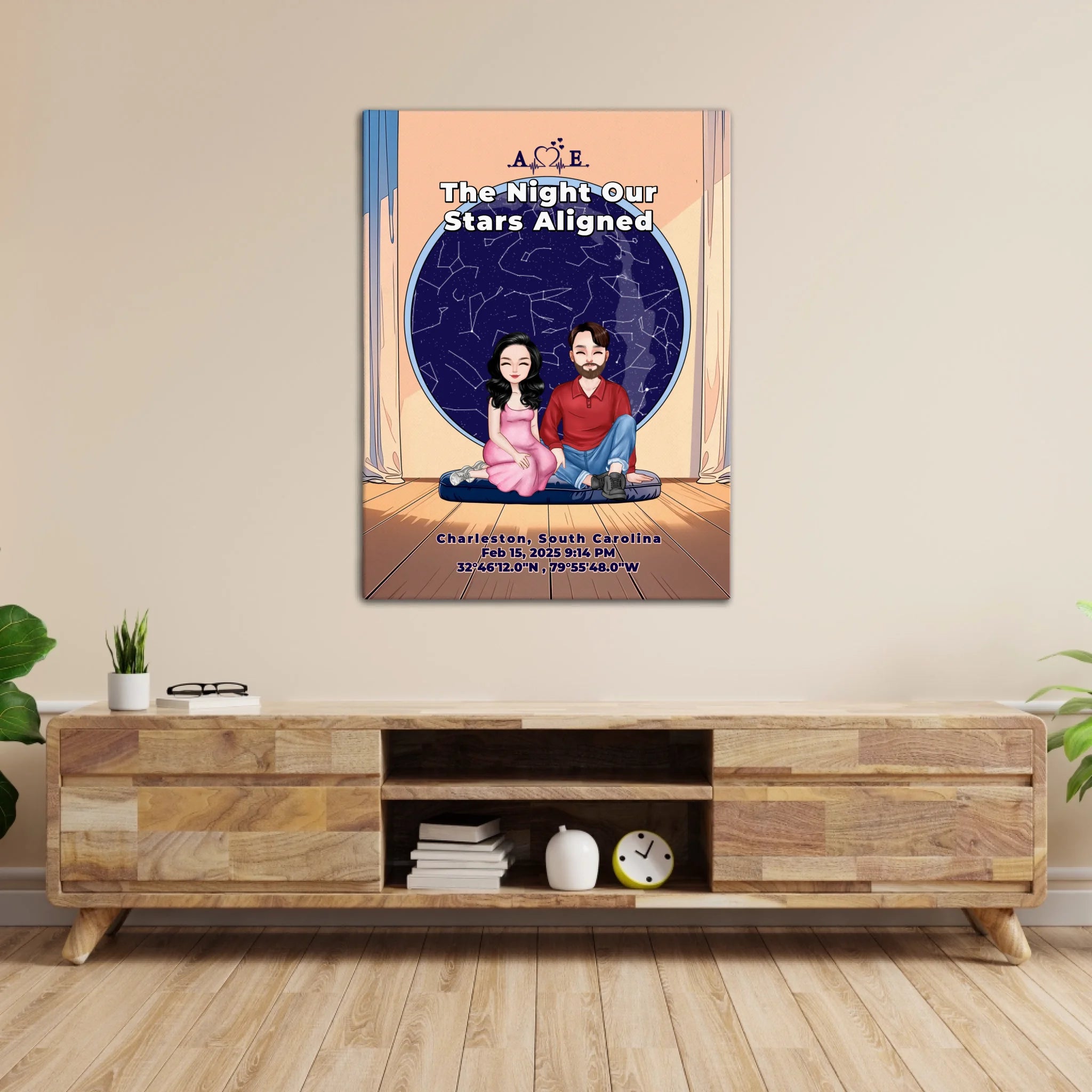 Personalized couple portrait canvas of two front-facing people sitting together indoors beneath a custom star map, with customizable facial features, adult and senior couple options, and optional location name, date, and GPS coordinates — LOVECOUPLET
