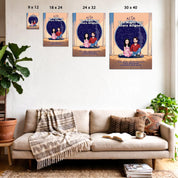 Personalized couple portrait canvas of two front-facing people sitting together indoors beneath a custom star map, with customizable facial features, adult and senior couple options, and optional location name, date, and GPS coordinates — LOVECOUPLET