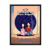Personalized couple portrait canvas of two front-facing people sitting together indoors beneath a custom star map, with customizable facial features, adult and senior couple options, and optional location name, date, and GPS coordinates — LOVECOUPLET