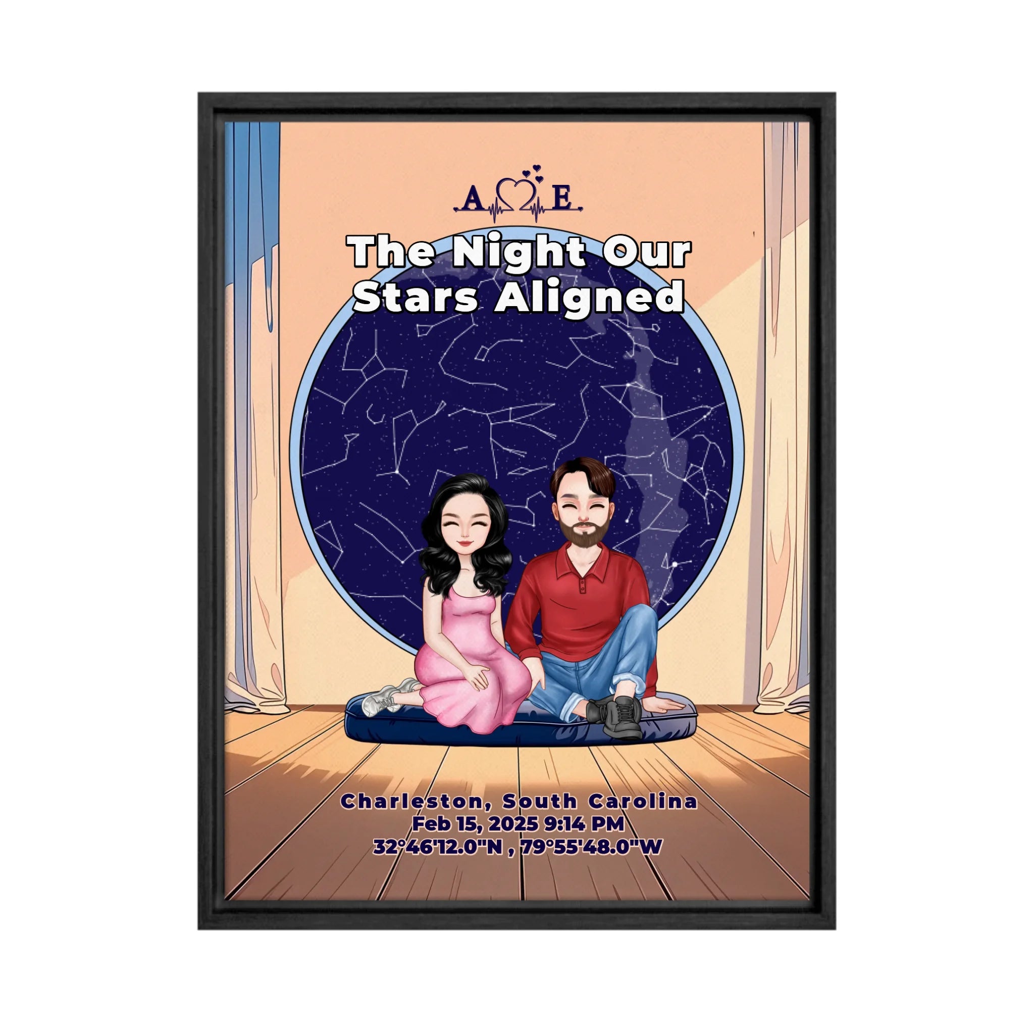Personalized couple portrait canvas of two front-facing people sitting together indoors beneath a custom star map, with customizable facial features, adult and senior couple options, and optional location name, date, and GPS coordinates — LOVECOUPLET