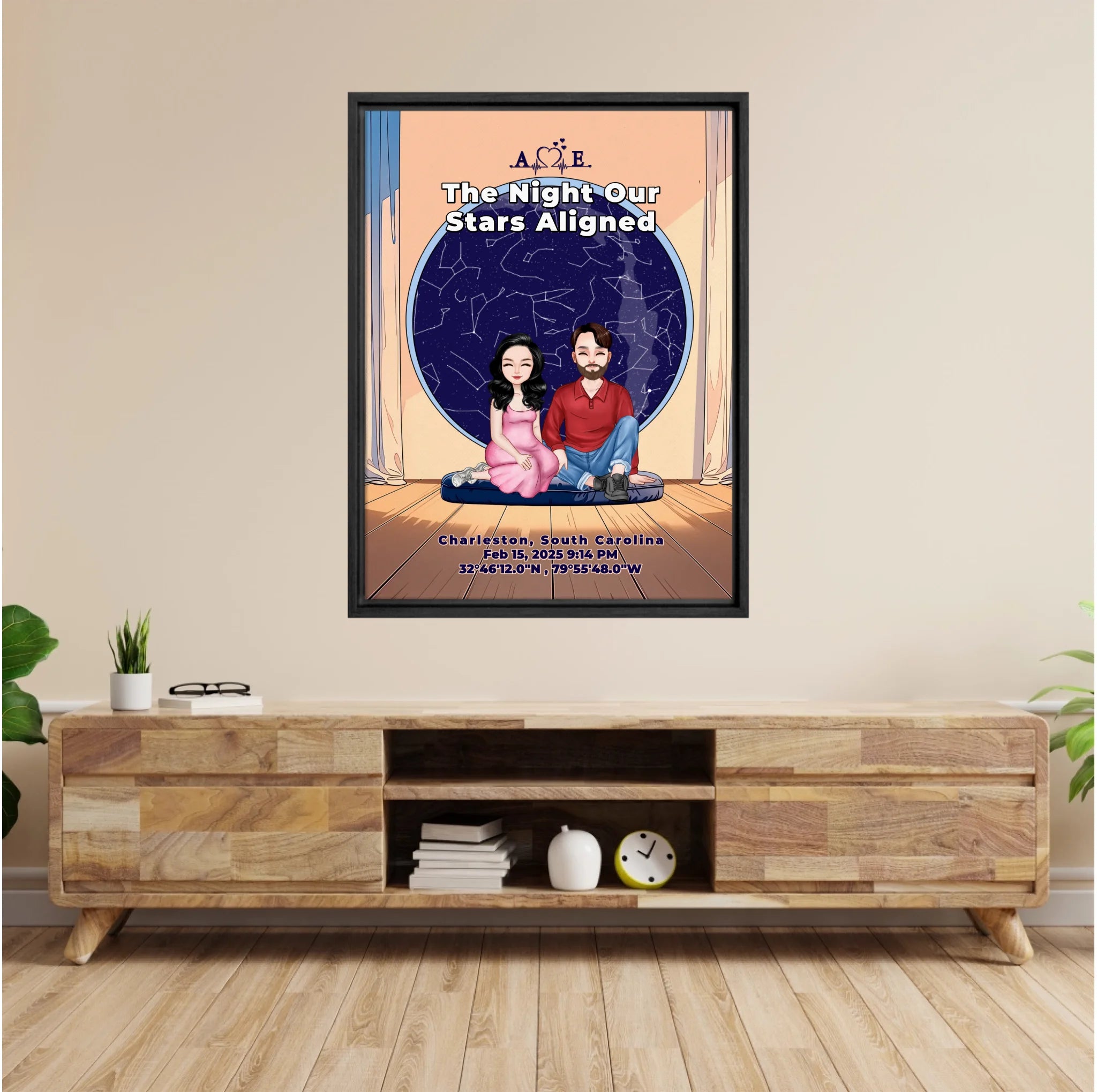 Personalized couple portrait canvas of two front-facing people sitting together indoors beneath a custom star map, with customizable facial features, adult and senior couple options, and optional location name, date, and GPS coordinates — LOVECOUPLET