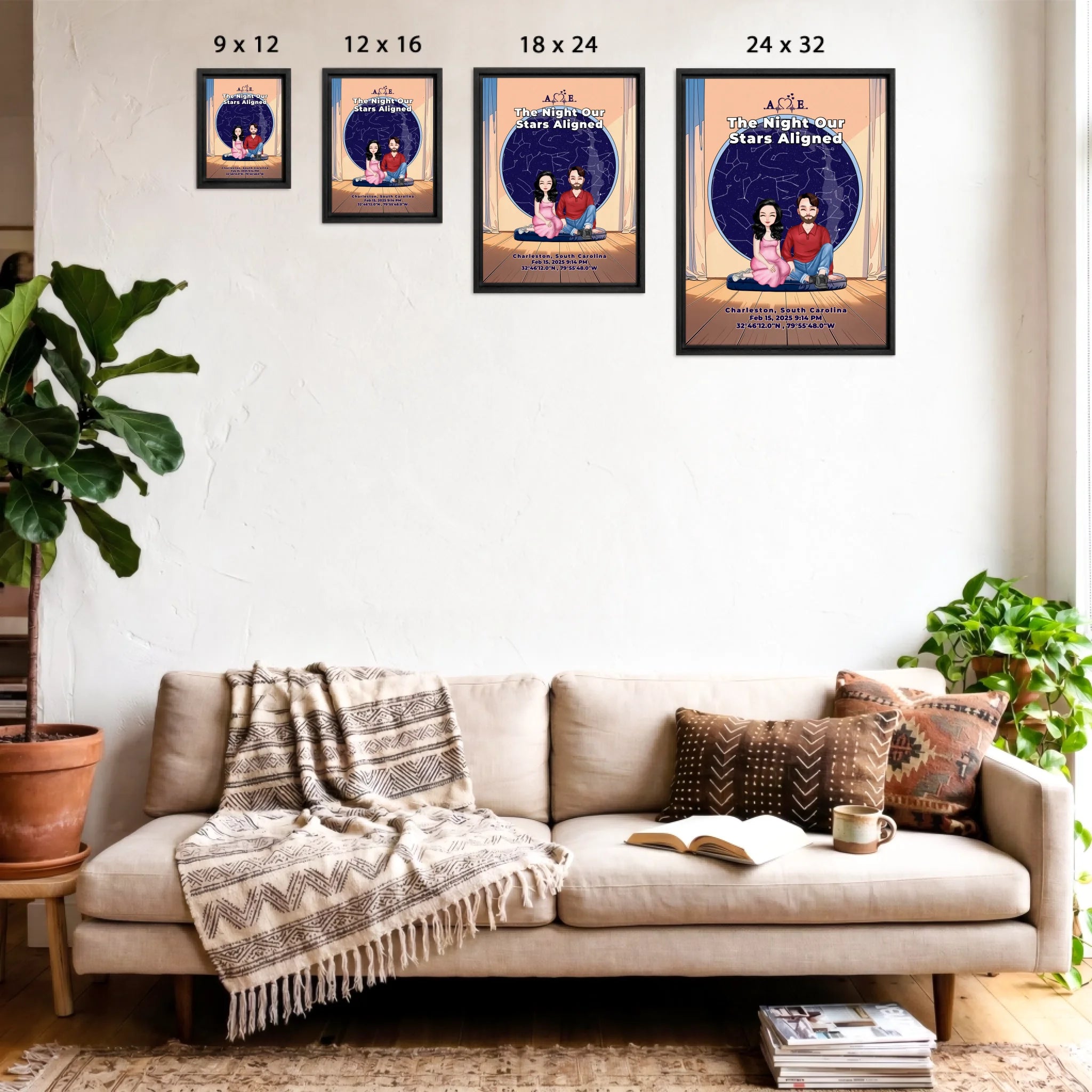 Personalized couple portrait canvas of two front-facing people sitting together indoors beneath a custom star map, with customizable facial features, adult and senior couple options, and optional location name, date, and GPS coordinates — LOVECOUPLET