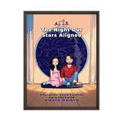 Personalized couple portrait canvas of two front-facing people sitting together indoors beneath a custom star map, with customizable facial features, adult and senior couple options, and optional location name, date, and GPS coordinates — LOVECOUPLET