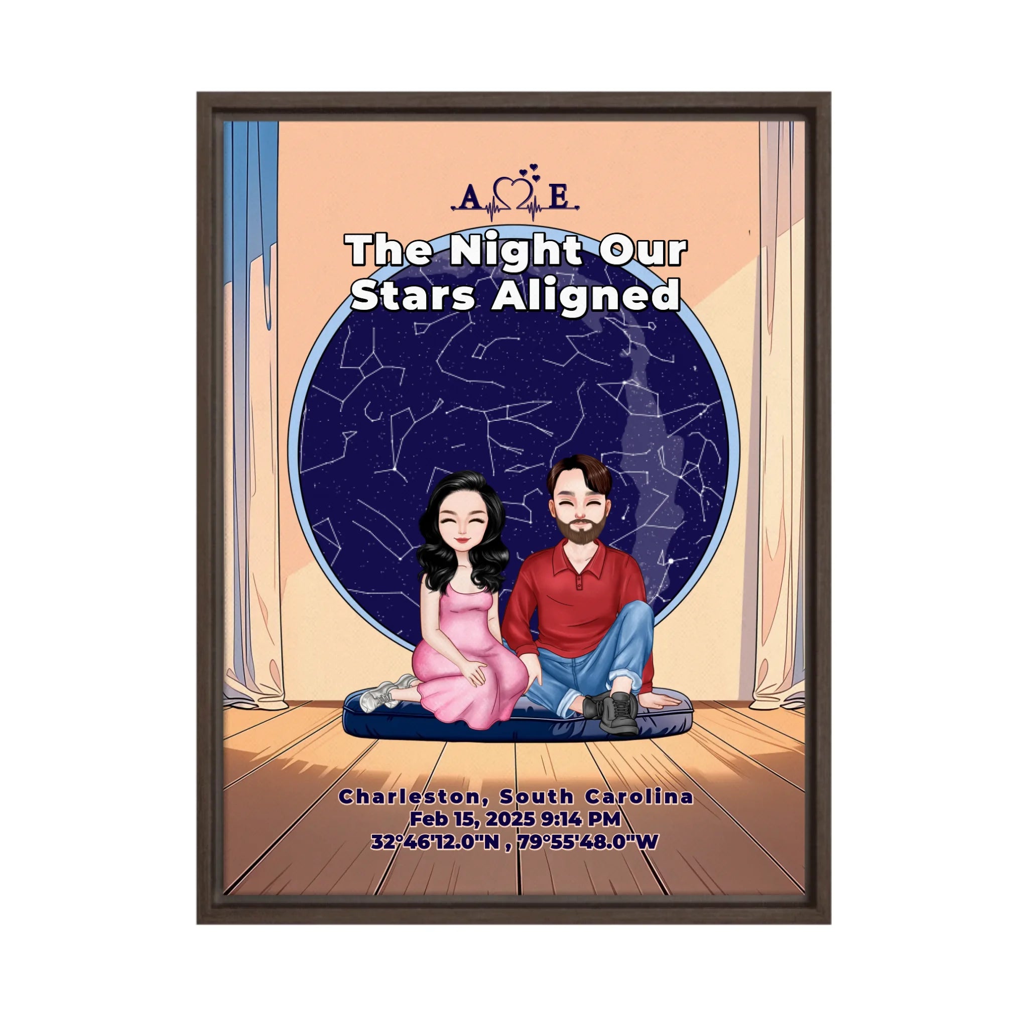 Personalized couple portrait canvas of two front-facing people sitting together indoors beneath a custom star map, with customizable facial features, adult and senior couple options, and optional location name, date, and GPS coordinates — LOVECOUPLET