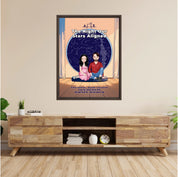 Personalized couple portrait canvas of two front-facing people sitting together indoors beneath a custom star map, with customizable facial features, adult and senior couple options, and optional location name, date, and GPS coordinates — LOVECOUPLET