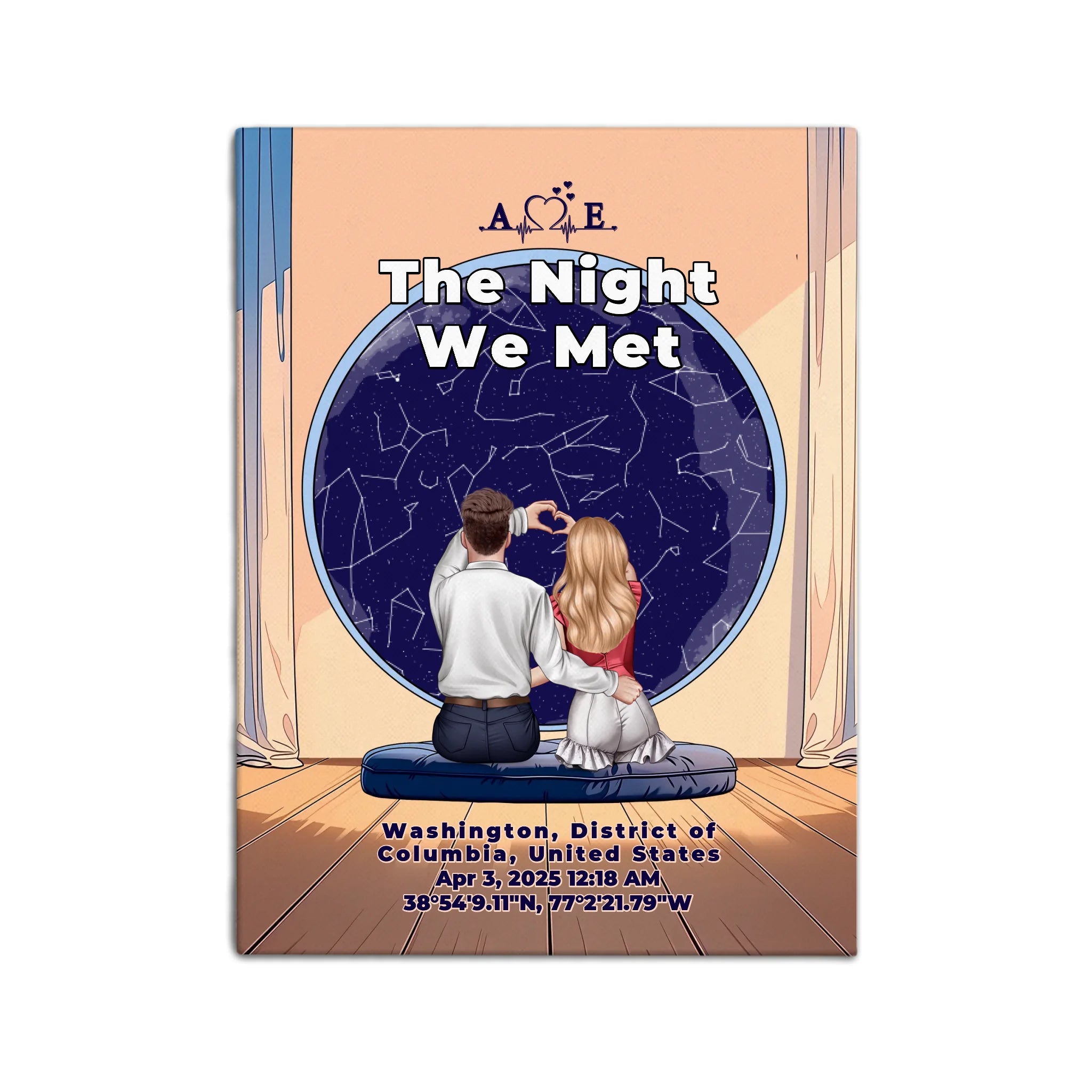 Personalized couple star map canvas of two people sitting together by a window under the night sky, with a custom star map based on their location, date and time, plus optional location name, date and GPS coordinates — LOVECOUPLET