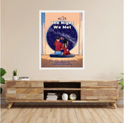 Personalized couple star map framed canvas of two people sitting together by a window under the night sky, with a custom star map based on their location, date and time, plus optional location name, date and GPS coordinates — LOVECOUPLET