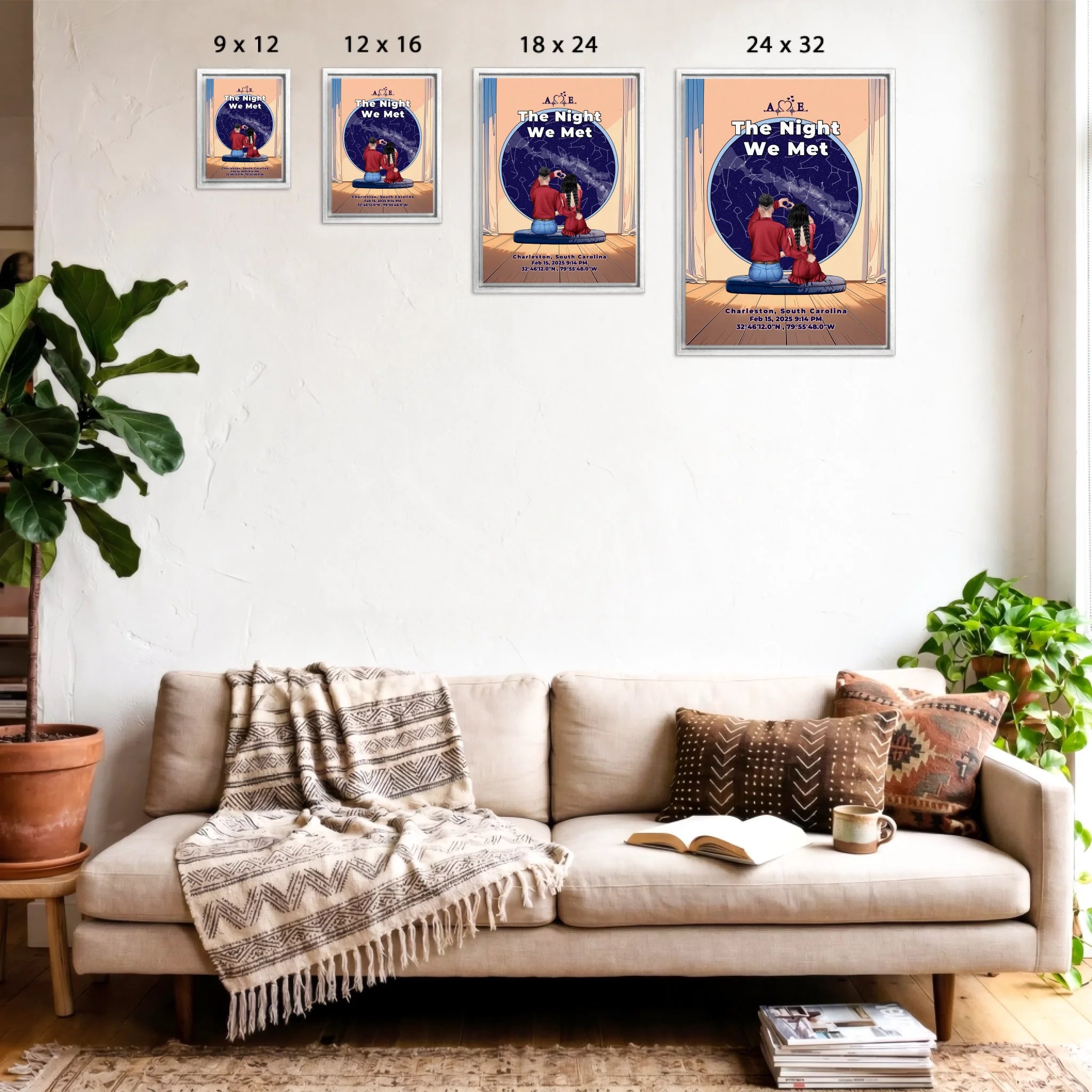 Personalized couple star map framed canvas of two people sitting together by a window under the night sky, with a custom star map based on their location, date and time, plus optional location name, date and GPS coordinates — LOVECOUPLET